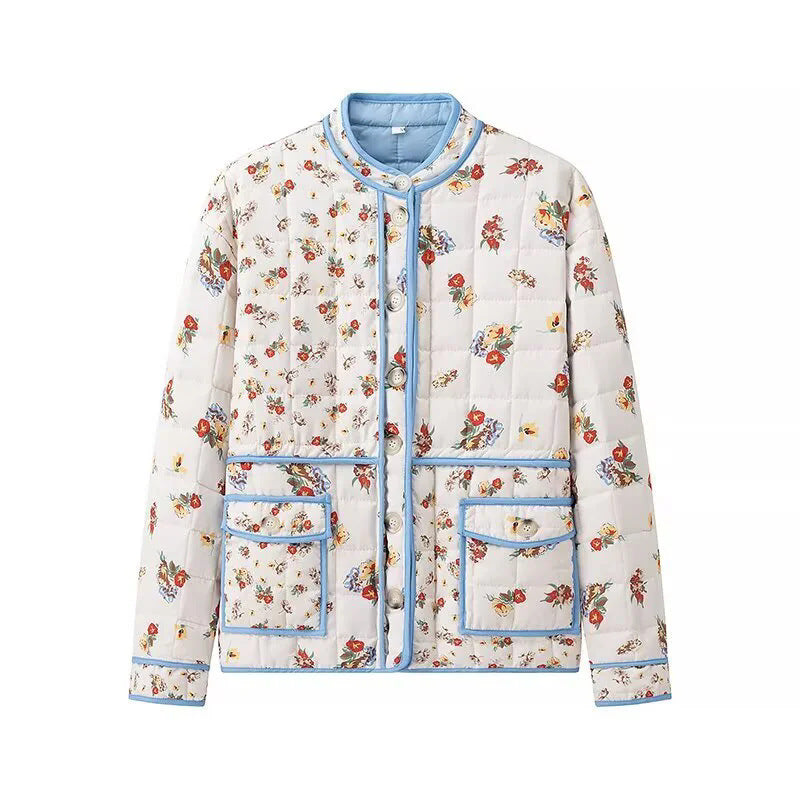 Dames Blommestikte Gewatteerde Jas met Praktische Zak en Moderne Snit Chic und Stil