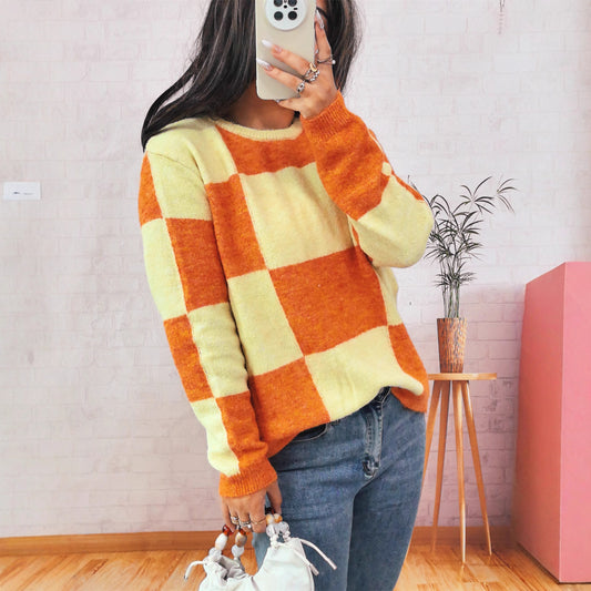 Pull en mailles larges pour femmes avec un motif à carreaux moderne et une coupe décontractée Chic und Stil