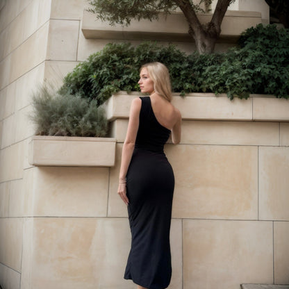 Robe portefeuille ajustée pour femme avec encolure asymétrique et finition volants élégante Chic & Stil