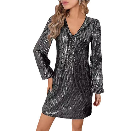 Robe minuscule scintillante pour femmes avec décolleté en V et manches longues Chic und Stil