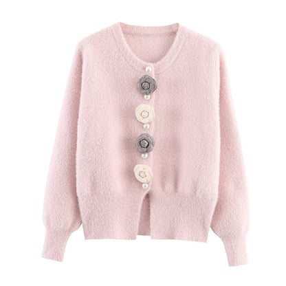 Dames cardigan douillet avec des détails floraux élégants Chic und Stil