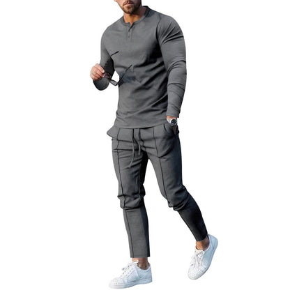 Athletic leisure outfit for men with long sleeve Henley top and comfortable jogging capri pants Chic and Style