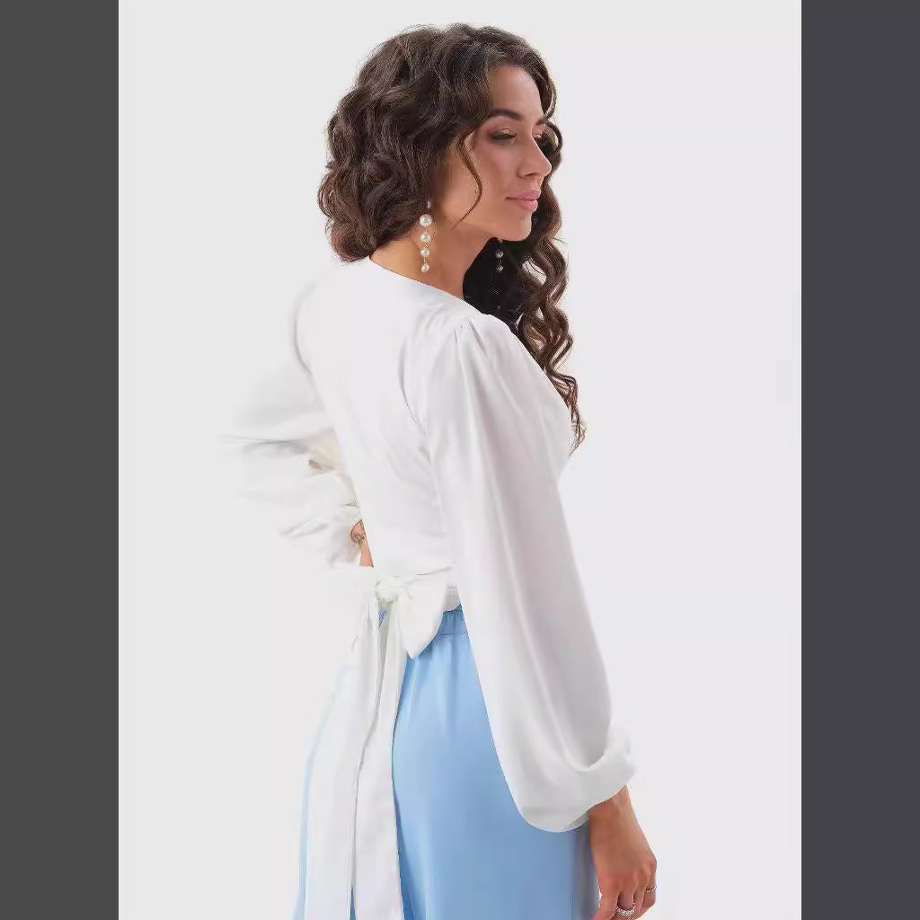 Blouse enveloppe en viscose pour femmes avec manches bouffantes et décolleté en V profond Chic und Stil
