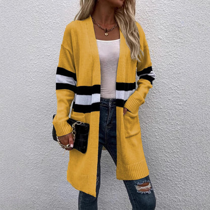 Cardigan long à manches longues pour femmes avec des rayures modernes et des poches pratiques Chic und Stil