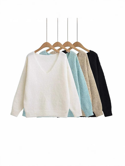Pull oversized à col en V pour dames en tricot doux Chic und Stil