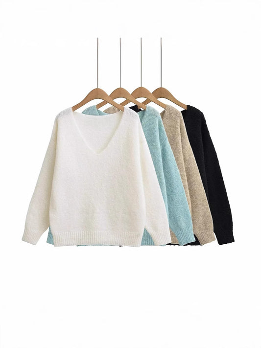 Pull oversized à col en V pour dames en tricot doux Chic und Stil