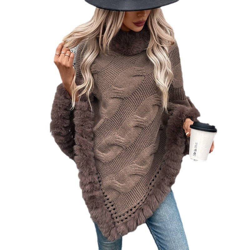Dames pull-poncho douillet avec garniture en fausse fourrure douce et motif en torsades Chic und Stil