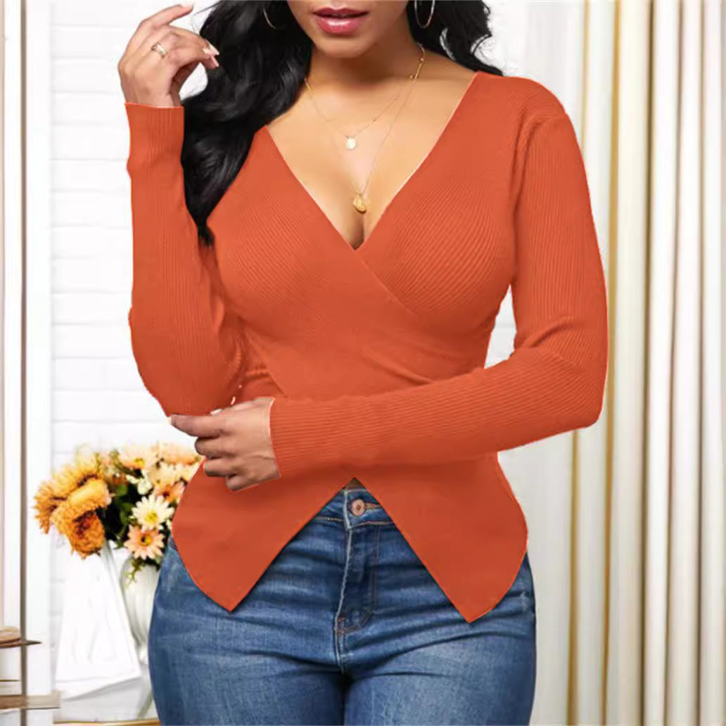 Dames élégant haut enroulé en tissu côtelé texturé et décolleté en V profond Chic und Stil