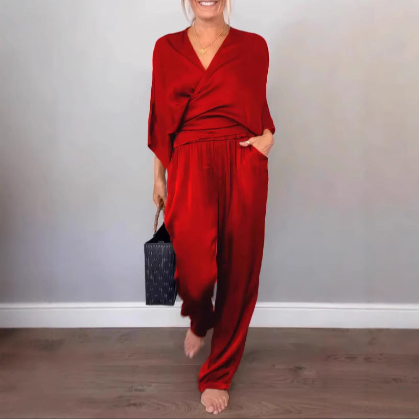Women Elegant Wrap High-End with Loose Cut and Matching Palazzo Pants Chic and Style