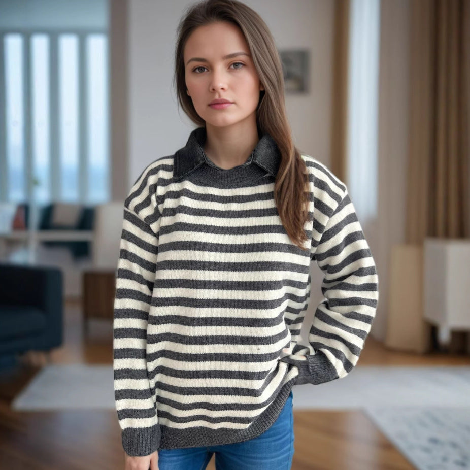 Pull décontracté pour dames avec motif rayé structuré et col à la mode Chic und Stil
