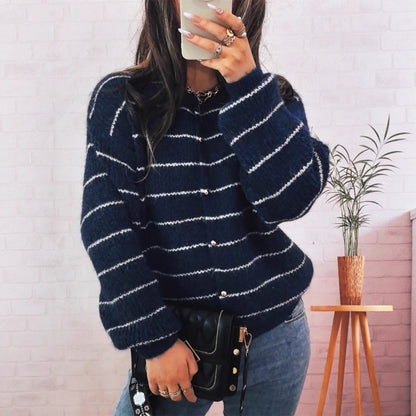 Dames confortable cardigan avec motif rayé élégant et boutons brillants Chic und Stil