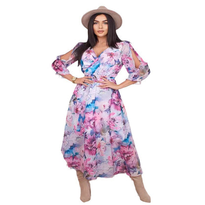 Dames Robe Maxi Longue avec coupe florale et manches raffinées Chic und Stil