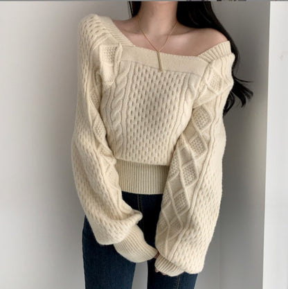 Pull femme en grosse maille avec des détails de tresse modernes et un col carré Chic und Stil