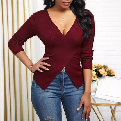 Dames élégant haut enroulé en tissu côtelé texturé et décolleté en V profond Chic und Stil