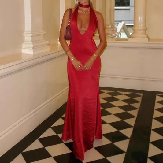 Robes Maxi Élégante pour Femmes avec Décolleté en V Profond et Ceinture Lien Étroite Chic und Stil