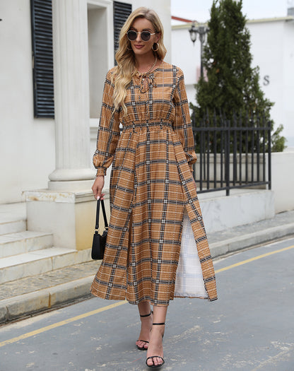 Robe maxi à motifs écossais pour femmes avec ceinture à la taille et volants Chic und Stil
