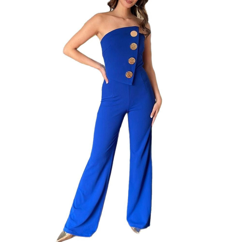 Dames Combinaison élégante avec design sans épaules et boutons décoratifs Chic und Stil