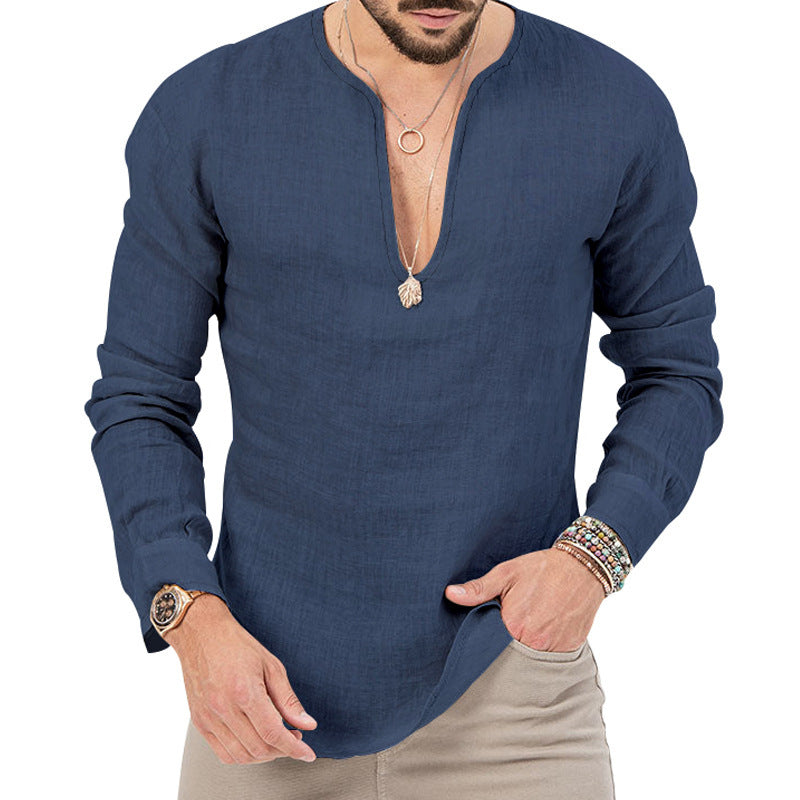 Chemise en lin léger pour hommes avec décolleté en V profond Chic und Stil