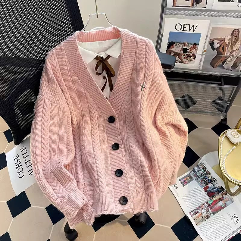Dames gros tricot cardigan avec décolleté en V profond et détails de boutons Chic und Stil