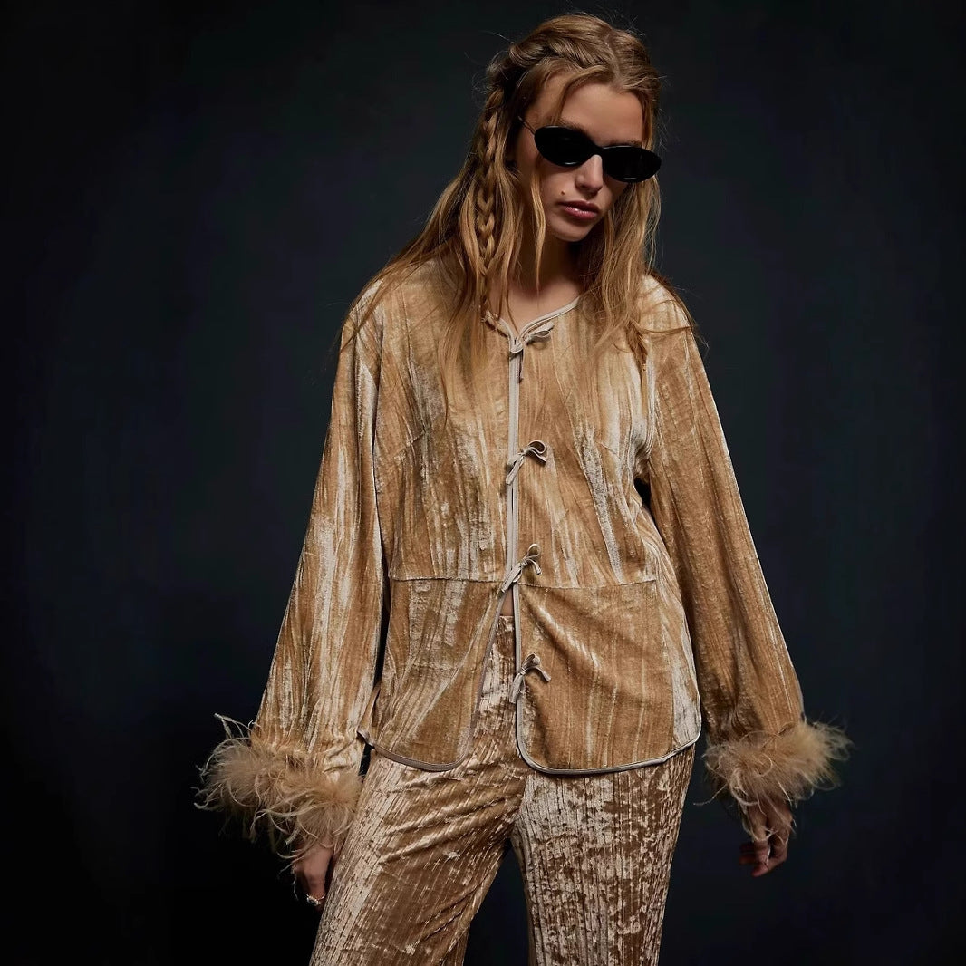 Dames élégant Veste en velours avec accents en dentelle Chic und Stil