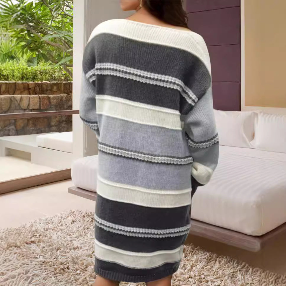 Robe en tricot épais pour femmes avec un motif rayé à la mode et des manches amples Chic und Stil