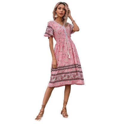 Robe mi-longue décontractée bohème pour femmes avec détail de nouage à franges Chic und Stil