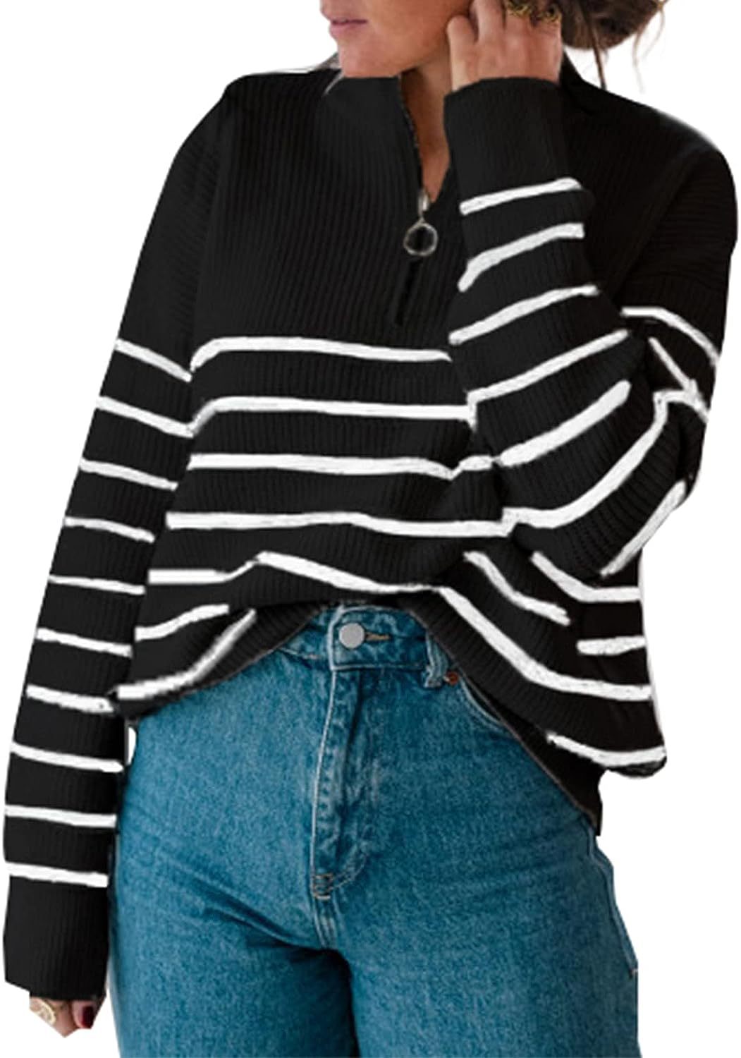 Pull décontracté pour femmes avec fermeture éclair courte et motif à rayures Chic und Stil