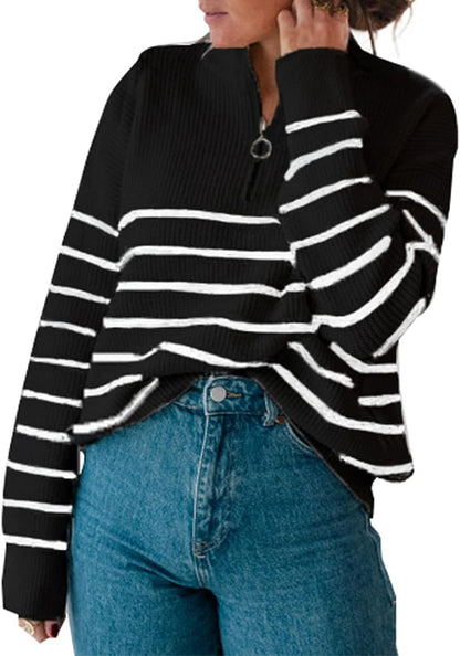 Pull décontracté pour femmes avec fermeture éclair courte et motif à rayures Chic und Stil