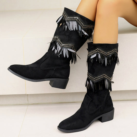Bottes pour femmes avec des franges à la mode et des détails pailletés Chic und Stil