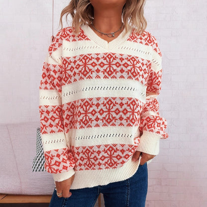 Pull en tricot pour femmes avec motif nordique et décolleté en V profond Chic und Stil