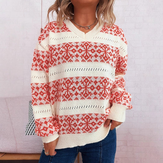 Pull en tricot pour femmes avec motif nordique et décolleté en V profond Chic und Stil