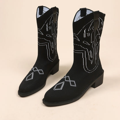 Bottes de cowboy pour femmes avec un motif brodé artistique et un talon robuste Chic und Stil