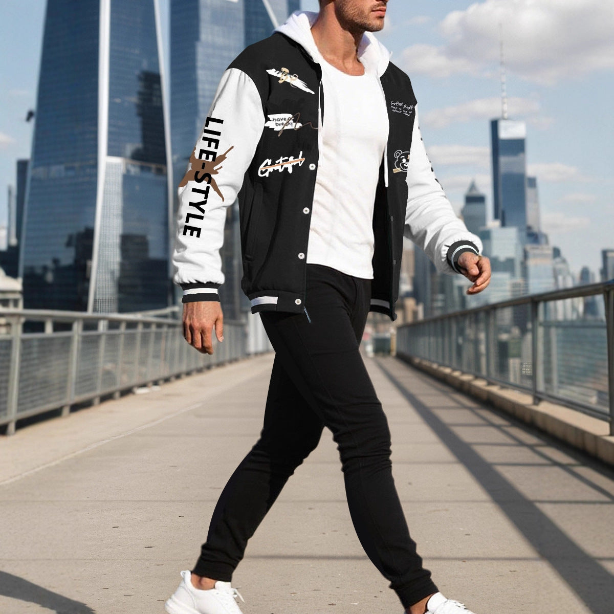 Men's College Style Sports Jacket Set and Jogging Pants with Colorful Patterns Chic and Style