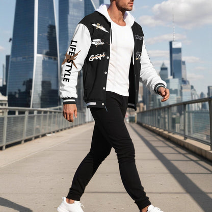 Men's College Style Sports Jacket Set and Jogging Pants with Colorful Patterns Chic and Style