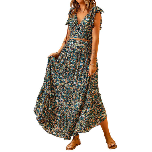 Women's Floral Pattern Maxi Dress with Voluminous Skirt and Narrow Belt Chic und Stil
