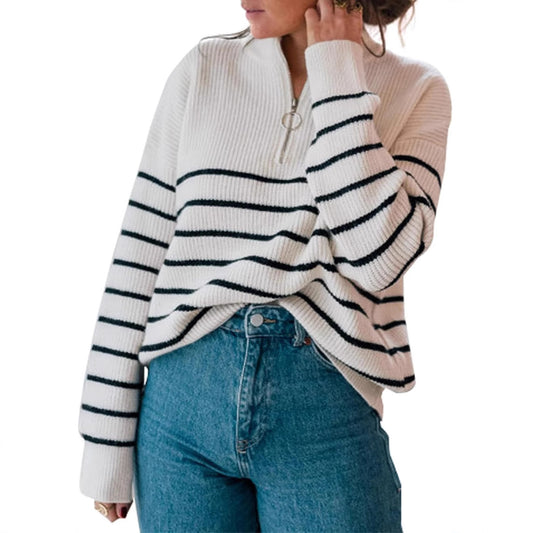 Pull décontracté pour femmes avec fermeture éclair courte et motif à rayures Chic und Stil