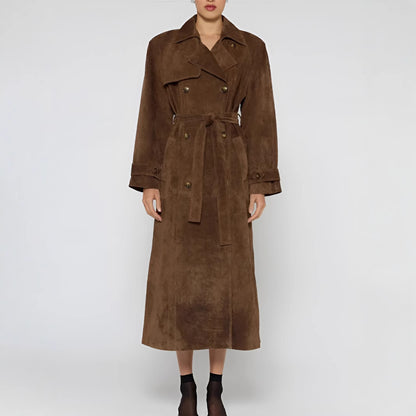 Ladies Elegant Mid-Length Trench Coat in Faux Leather Chic and Style