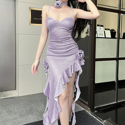 Robe à volants asymétrique brillante pour femmes Chic und Stil
