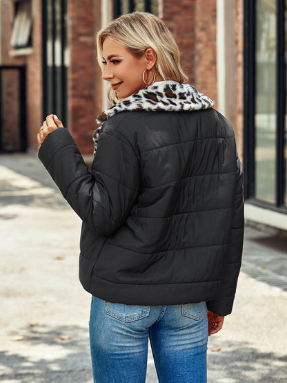 Ladies Fashion Quilted Jacket with Leopard Collar Chic and Style