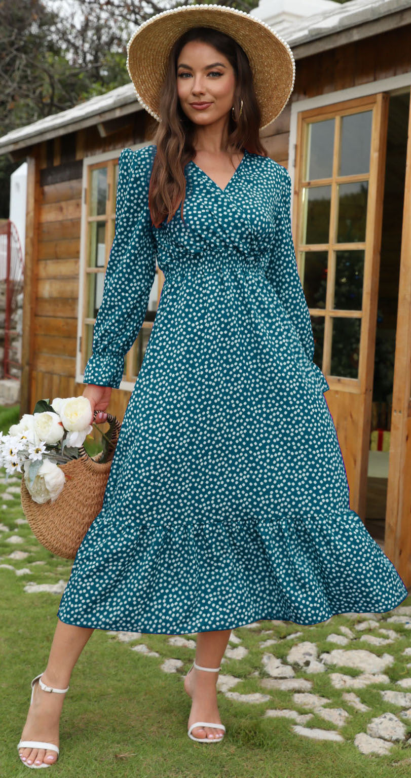 Robe midi femme avec des pois floraux et une jupe évasée Chic und Stil