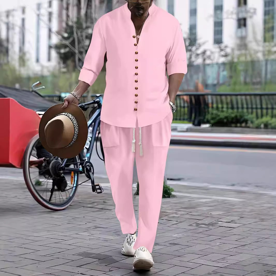 Men's Casual Button-Up Shirt and Relaxed Fit Pants Set Chic and Style