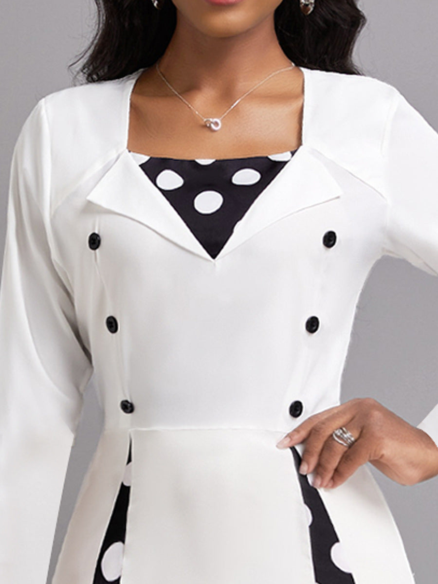 Robe midi à pois pour femmes avec élégante patte de boutonnage et panneaux en contraste Chic und Stil