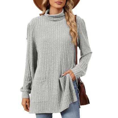 Dames élégant haut en maille structurée avec col montant et poches latérales Chic und Stil