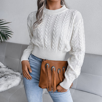 Pull en maille épaisse pour femmes avec ourlet allongé et appliques en cuir synthétique Chic und Stil