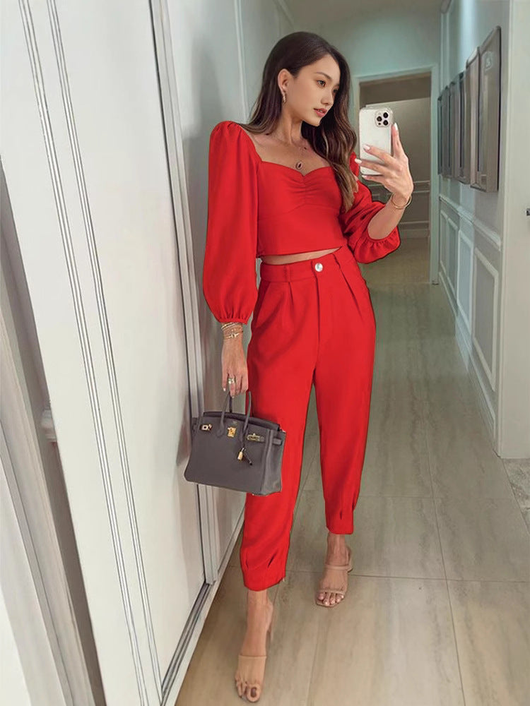 Women Elegant High-End with Balloon Sleeves and High-Waisted Pants Chic and Style