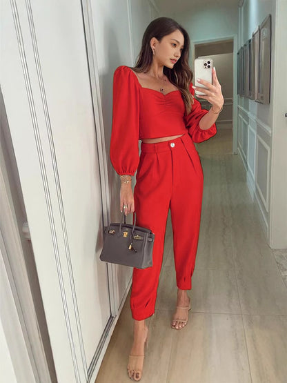 Women Elegant High-End with Balloon Sleeves and High-Waisted Pants Chic and Style