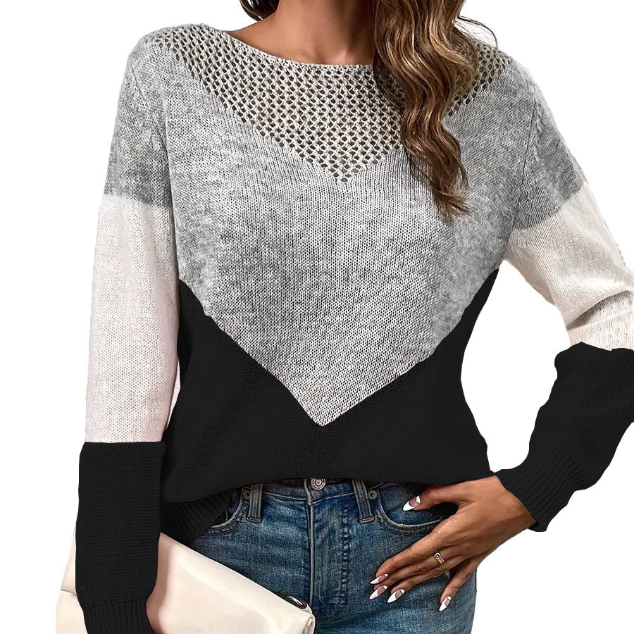 Dames pull moderne en tricot avec des blocs de couleurs contrastants et en V