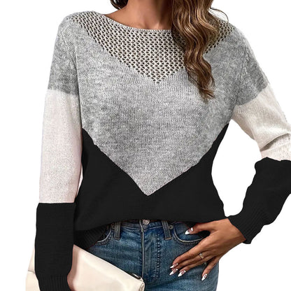 Dames pull moderne en tricot avec des blocs de couleurs contrastants et en V