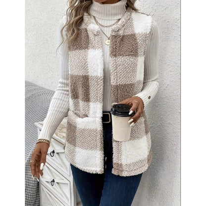 Dames Gilet Douillet avec Motif à Carreaux Tendance Chic und Stil