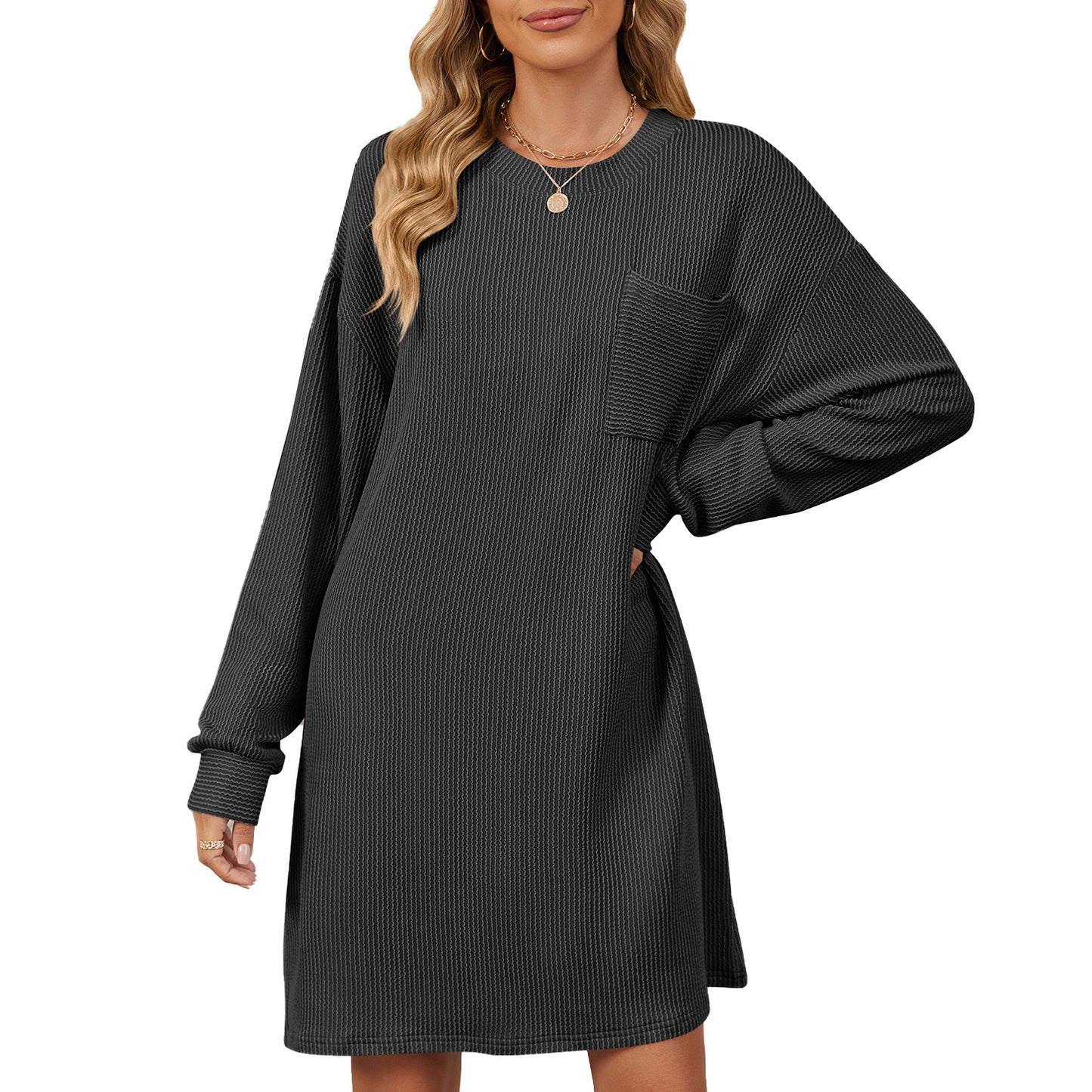 Robe longue décontractée pour femmes à manches longues avec poches pratiques et design structuré moderne Chic und Stil
